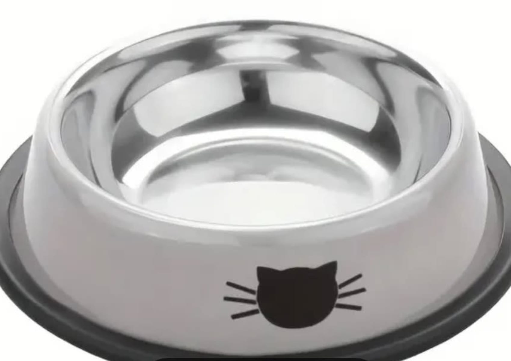 A metal feeding or drinking bowl with a grey border and black cat head