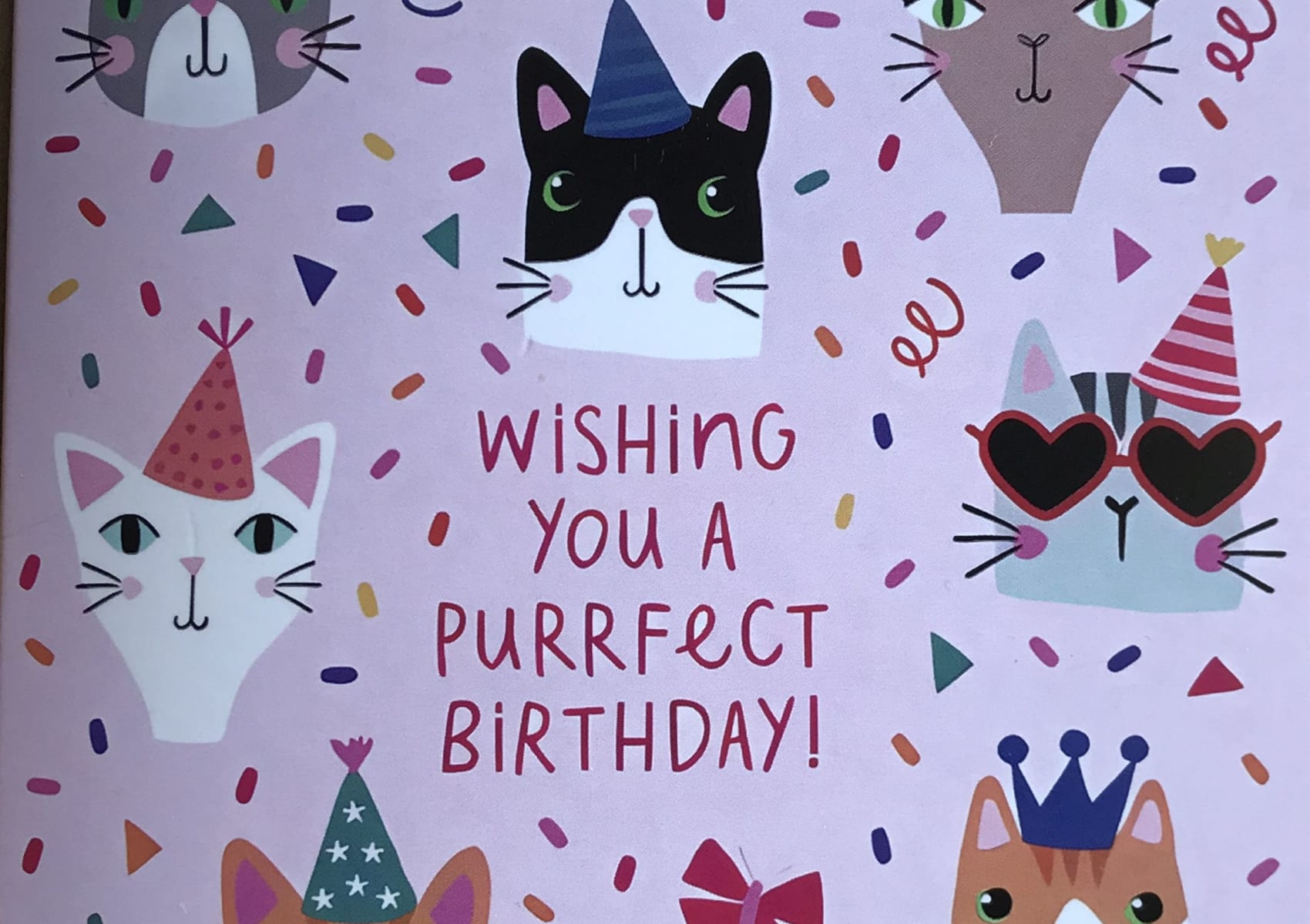 Pink birthday card wishing you a Purrfect Birthday with lots of cats