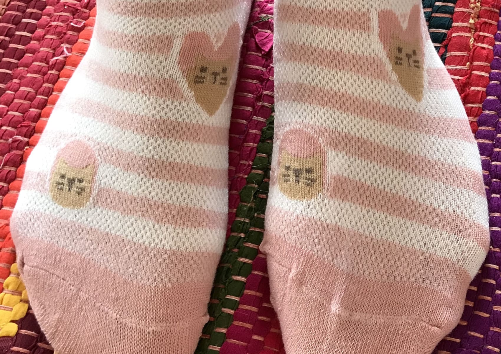 Pale pink striped shortie  socks with cute brown cat face