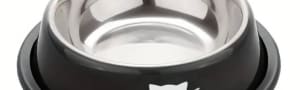 A metal feeding or drinking bowl with a black border and white/silver cat head