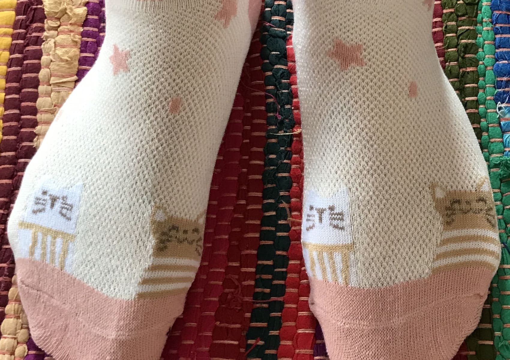 Pale pink and white shortie  socks with cute cat face and star