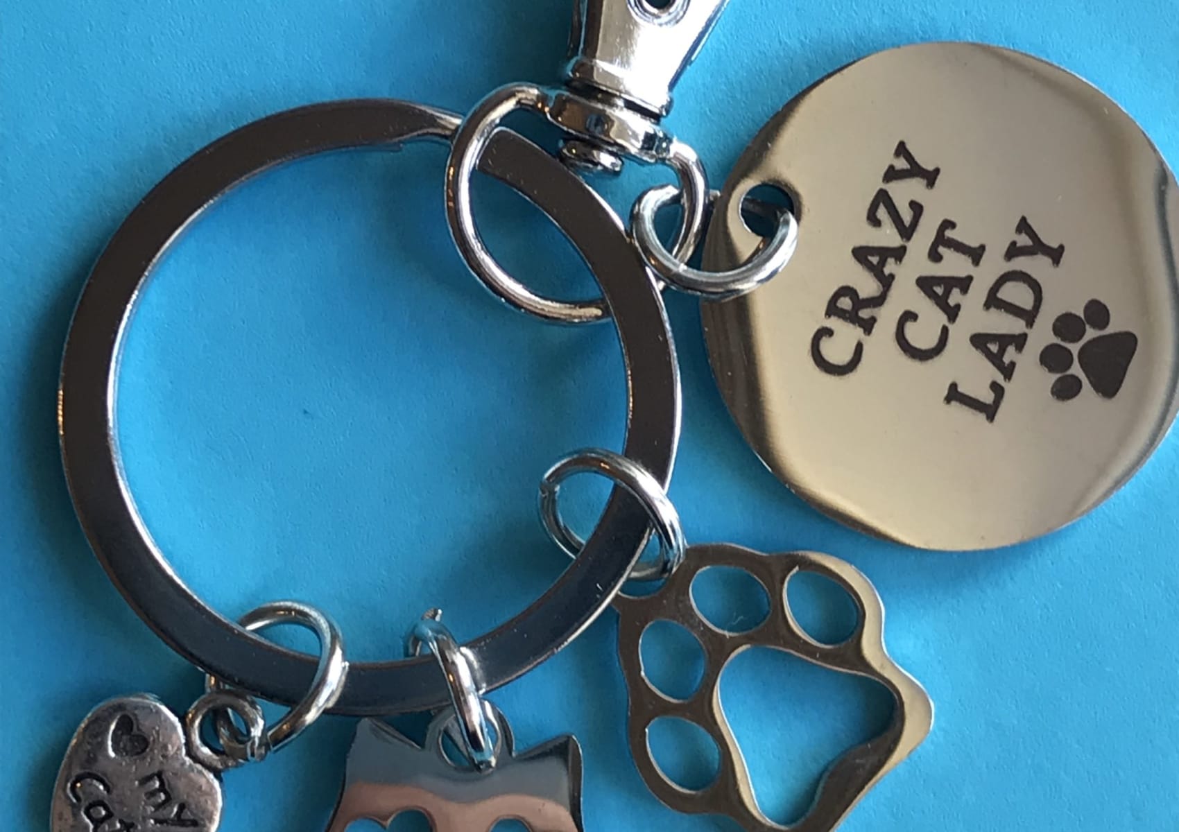 Crazy cat lady keyring with three charms