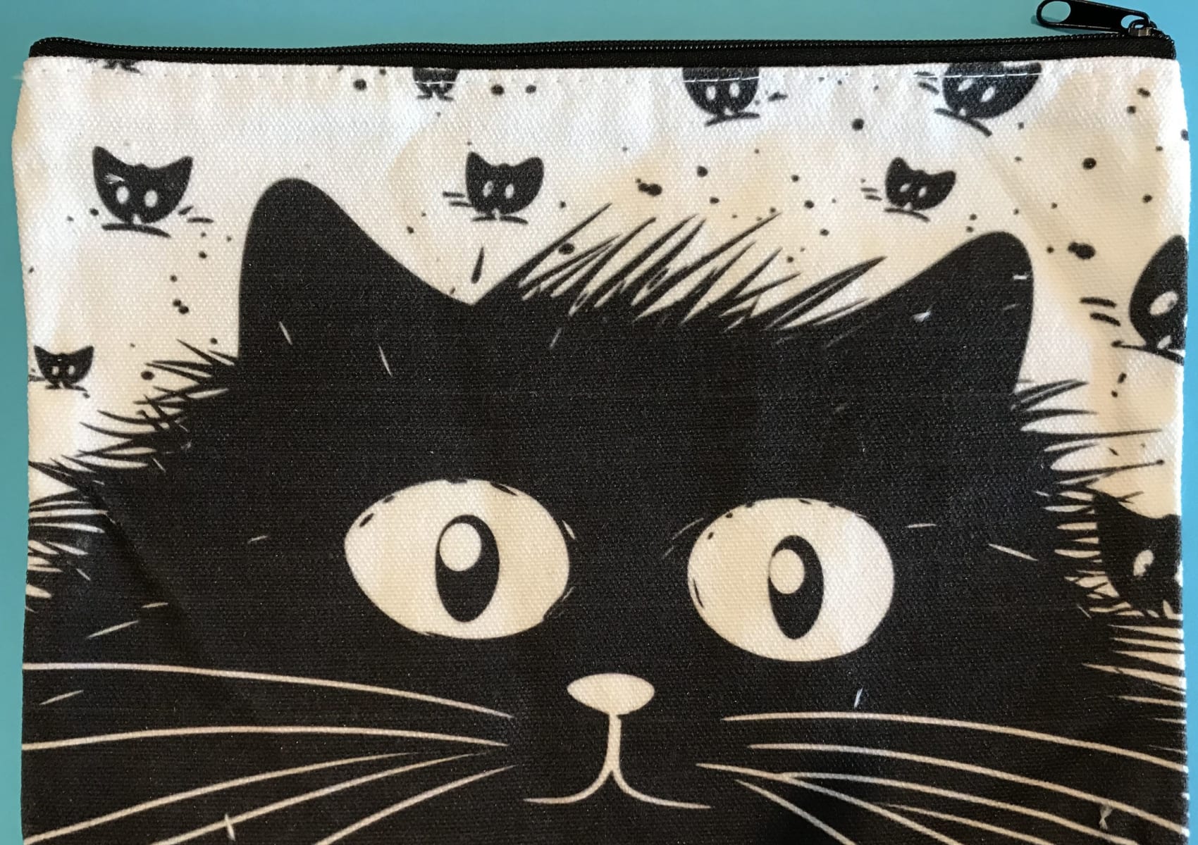 Waxed canvas make up bag with black cat face