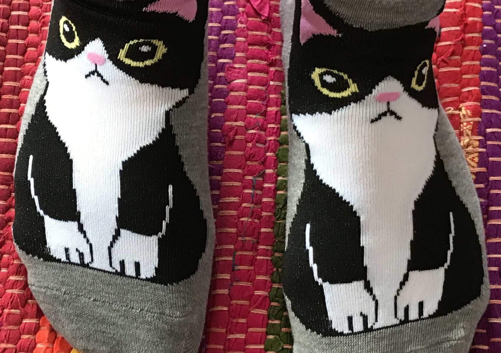 Ladies' pale grey ankle socks with black and white tuxedo cat